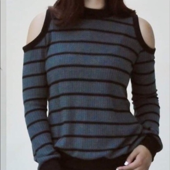 TEAL GREEN STRIPE COLD SHOULDER WAFFLE KNIT TOP - Picture 3 of 11